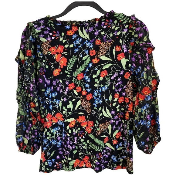 ANTHROPOLOGIE Maeve Floral Black Blouse Sheer Sleeve Jacquin Peasant Top - Picture 4 of 8